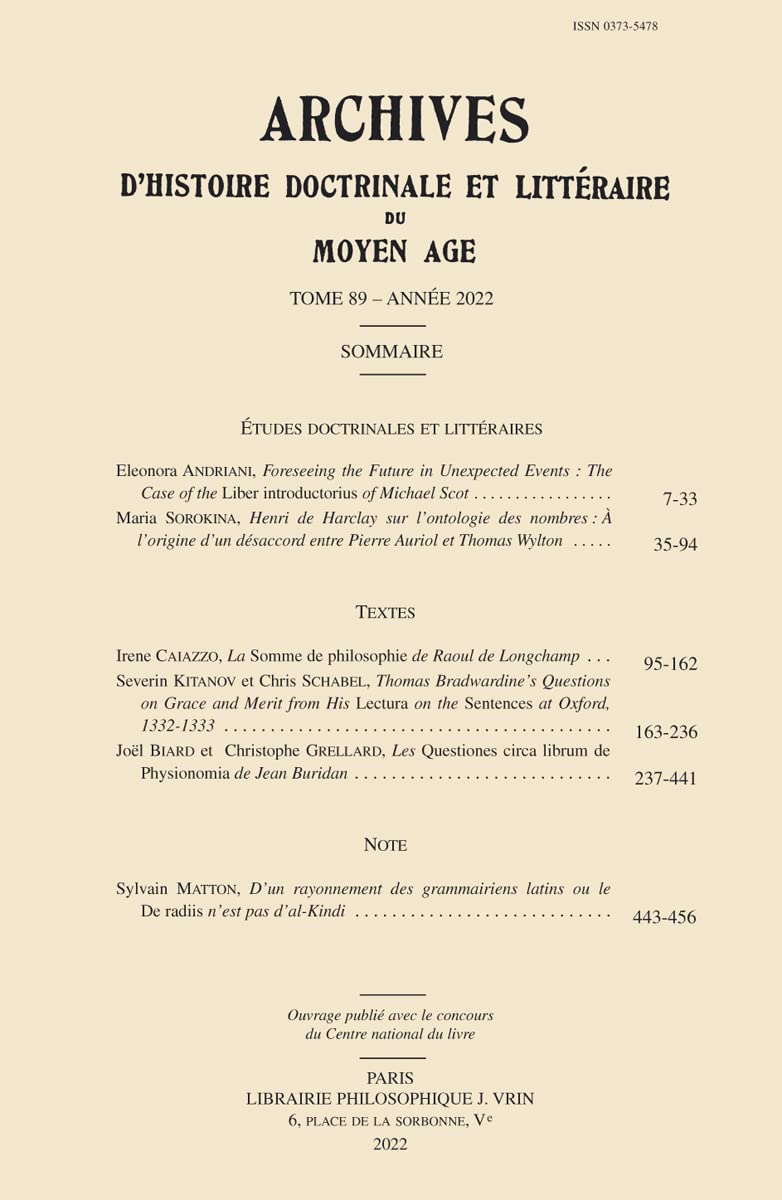 Archives d'Histoire littéraire et doctrinale du Moyen Âge LXXXIX – 2022