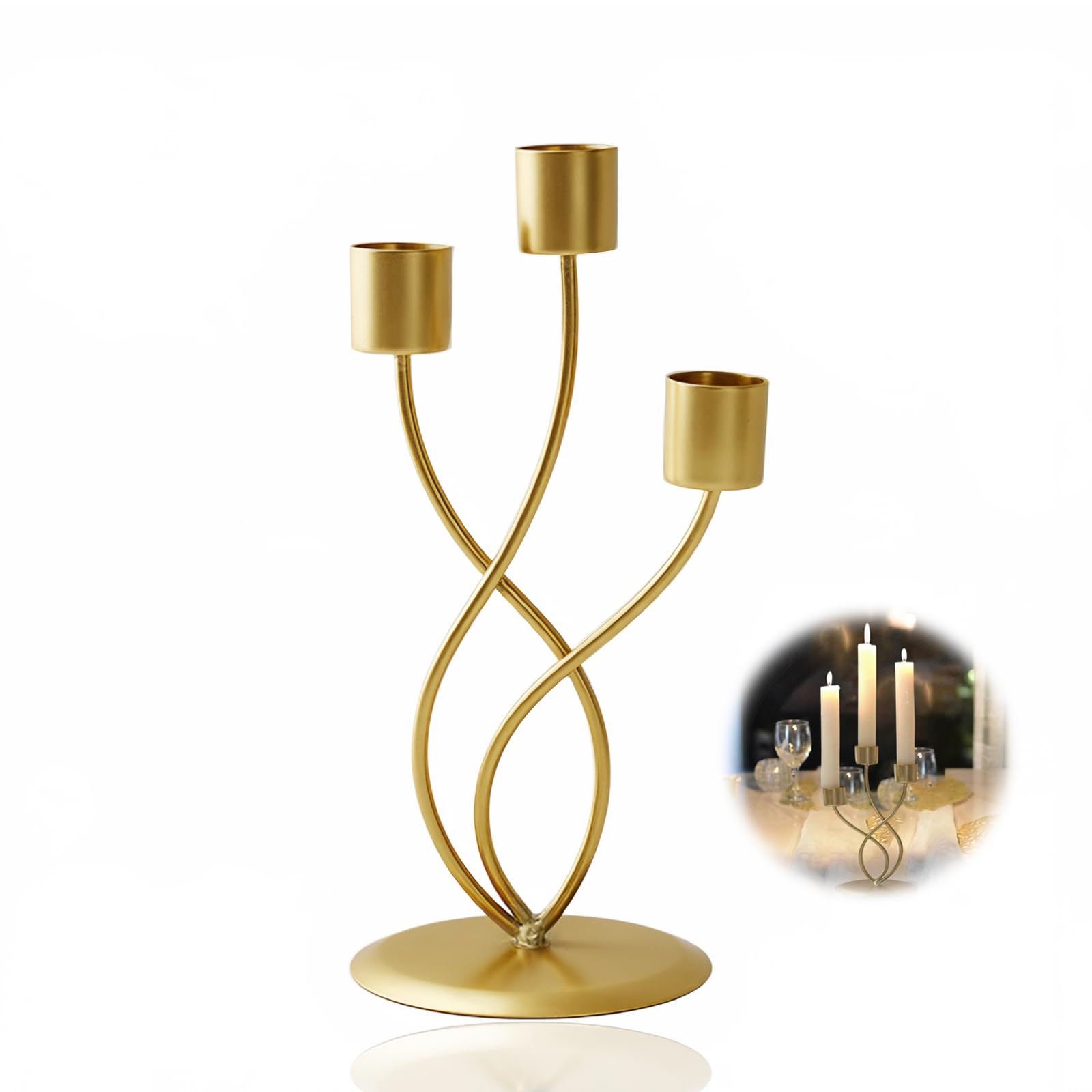 Nyoslb Gold 3 Arm Candelabra Candle Holder, Vintage Metal Candlestick Holders For Wedding Centerpiece Christmas Decor Fireplace Mantel Dining Table Home Decoration