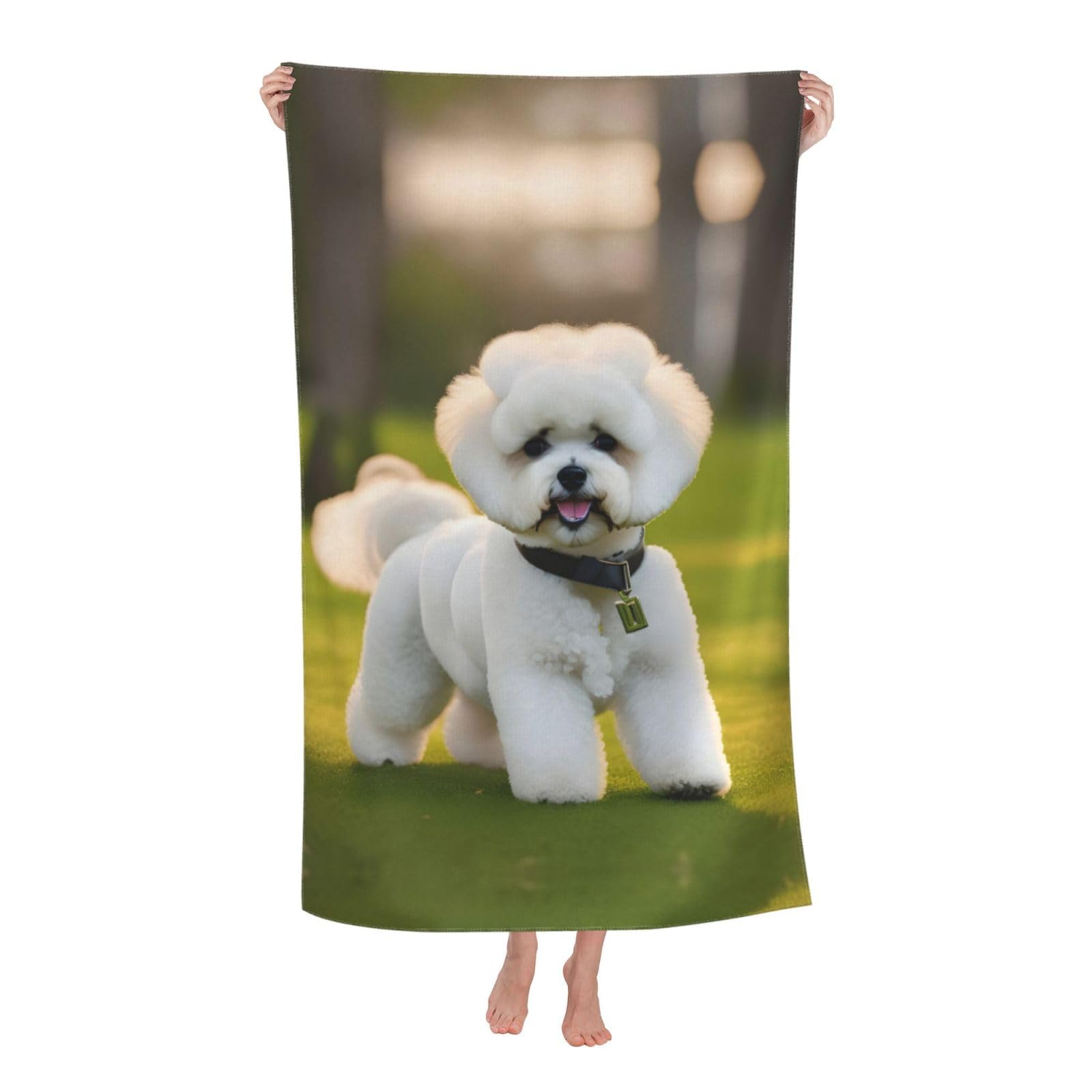 Breaux White Bichon Frise Dog On The Grass Print Bath Towel,Microfibre Absorbent Bath Towel,Adult Beach Towel,Quick Dry Bath Towel
