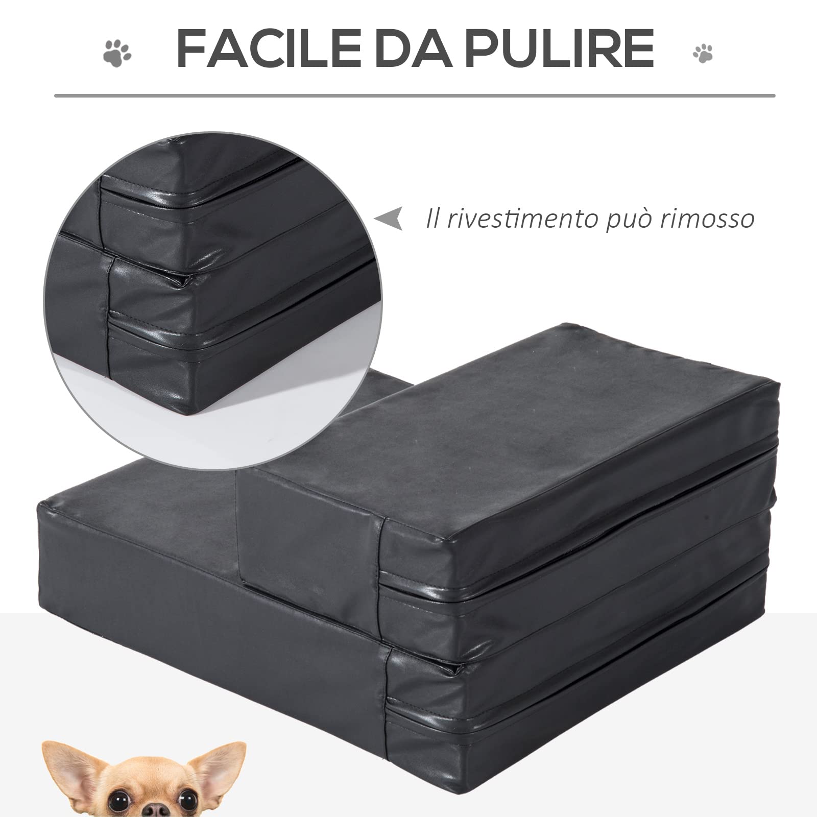 PawHut Scaletta per Cani a 2 Gradini con Cuscino, Scala per Cani in PU e Gommapiuma, 67x39x10 cm, Nero