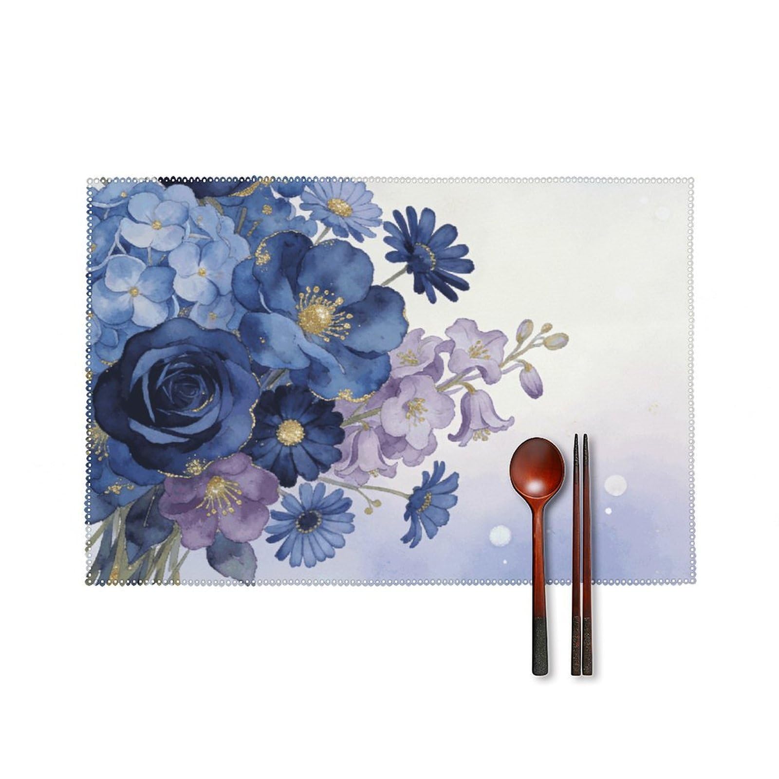 Navy Bloom Mix Placemats Set of 6, 12x18 Inch Heat Resistant Washable Canvas Table Mats, Stain Resistant Decorative Dining Placemats for Kitchen, Restaurant, Outdoor Party