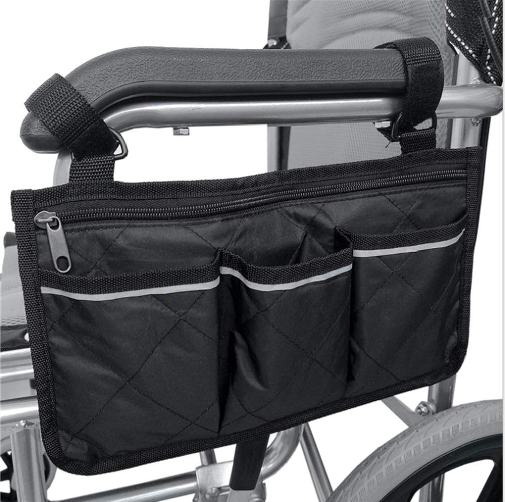 Wheelchair Armrest Pouch Organizer Wheelchair Side Bag with 3 Pockets Wheelchair Hanging Pouch Organizer Travel Carry Bag for Electric Wheelchairs Scooter Office Chair Walker Accessories Rollator
