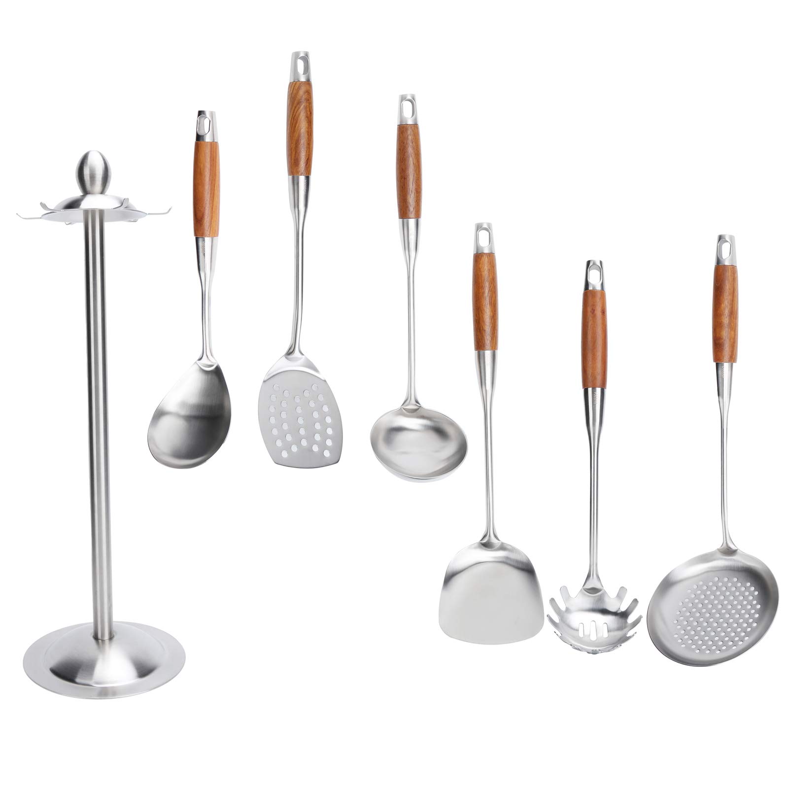 Cocoarm Küchenspatel-Set, Kochutensilien aus 304 Edelstahl, mit Holzgriff und Drehbarem Gestell, Aufhängeloch, Anti-Heißgriff für das Kochen zu Hause in der Küche