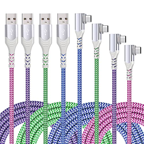 Eversame Right Angle Type C Cable(4-Pack),90 Degree 10ft USB C Cable Nylon Braided Type C Charger Compatible Samsung Galaxy S8 S9 S10 Plus S20, Note 10+,G6 V40, Pixel(Blue Green Purple Pink)
