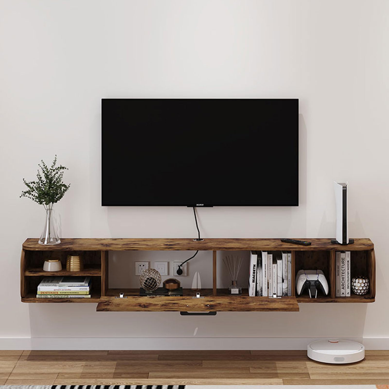 Scaffale TV galleggiante Scaffale a muro Supporto TV a parete Media TV Console Audio/Video Hutch Elettronica Scaffale per TV Componenti Centro di intrattenimento Armadietto Scaffale per libri