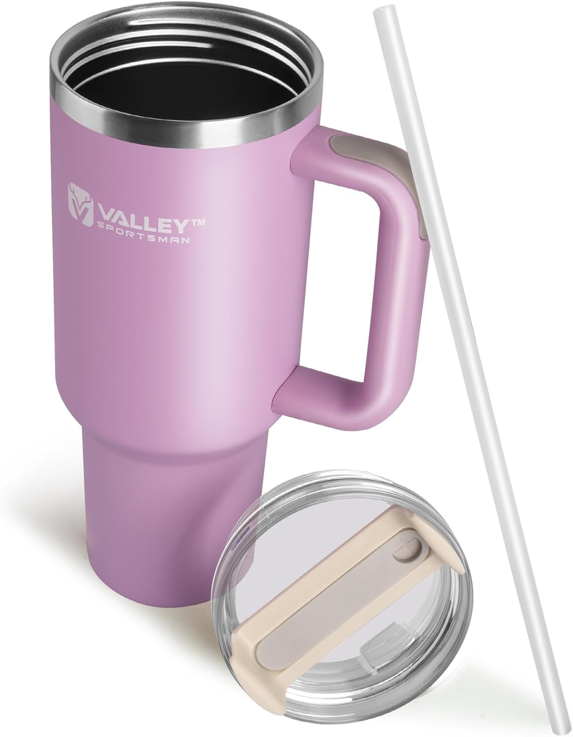 Valley Sportsman 40 oz Stainless Steel Tumblers with Handle, Spill-proof Lid and Straw, Double-Walled Insulated, BPA-Free, Perfect for Hot and Cold Drinks, Light Purple