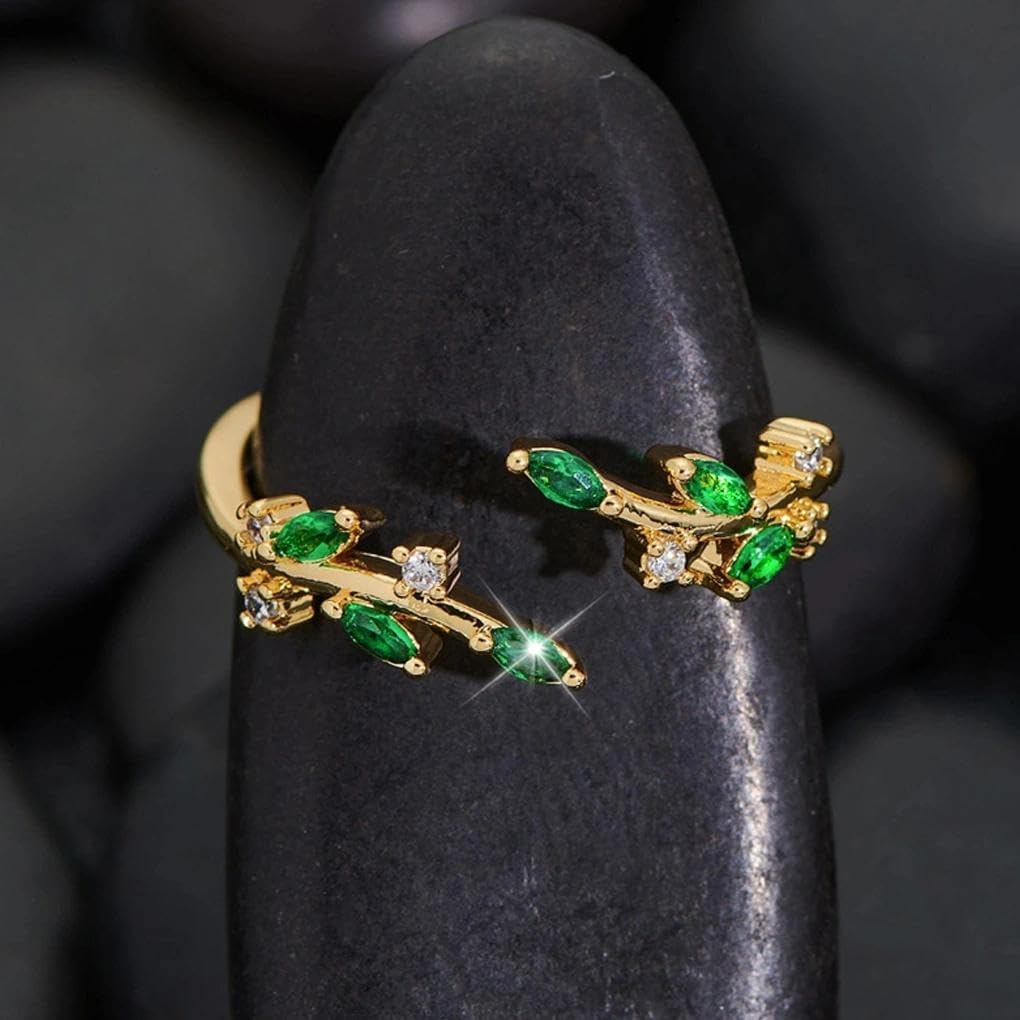 Trendy Gold Rings for Women Silver Cubic Zirconia Adjustable Rings Dainty Stackable Ring Bling Green Crystal Leaf Ring Aesthetic Everyday Jewelry - Image 6