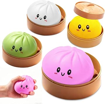 Dumpling Squishies Toys, Colorful Dumplings Stress Balls, Sensory Fidget Slow Rising Squishy Stress Relief Toy, Squeeze Ball with Food Steamer Stretchy DeskRose Red, ONE Size
