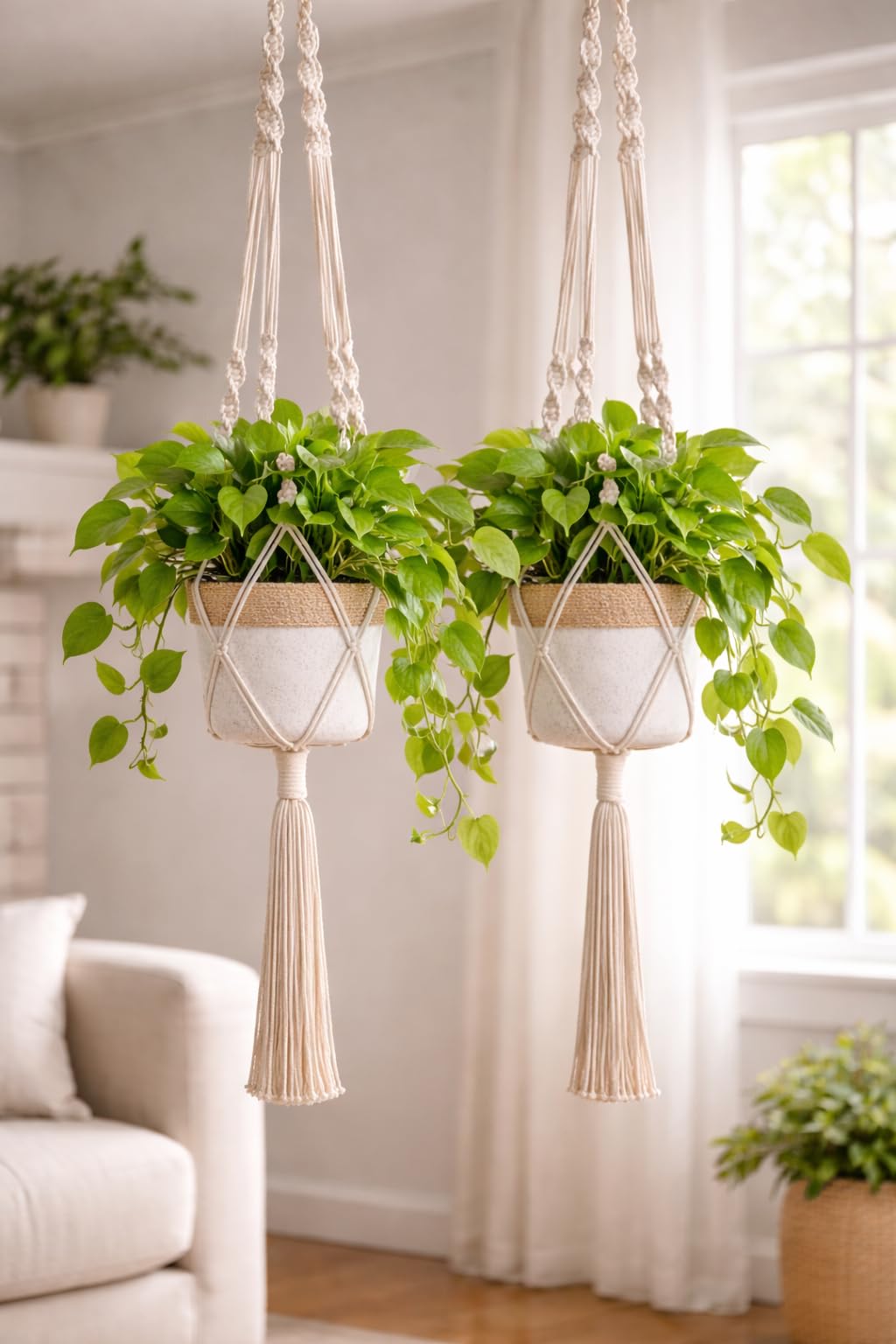 Macrame Plant Hanger Indoor & Outdoor Balcony Flower Pot Cotton Rope Hanging Planter Basket Living Room, Garden & Home Decor 39 Inch Pack of 2 (Cream)-image-49