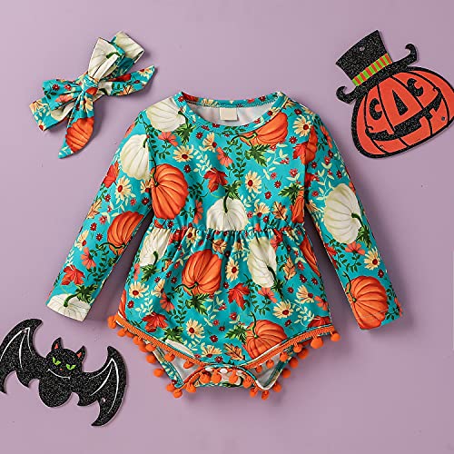 Yccutest Newborn Baby Girl Halloween Outfit Onesie Long Sleeve Cute Pumpkin Romper + Headband Toddler Infant Bodysuit Clothes (Green,0-6 Months) #TOP1