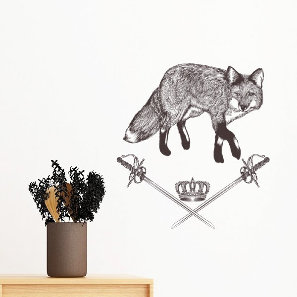 Sticker mural renard noir et blanc amovible pour masquer et embellir un mur nu