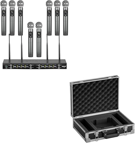 Phenyx Pro Juego de micrófono inalámbrico de metal de 8 canales PTU-4200-8H con estuche de transporte PCSE-M