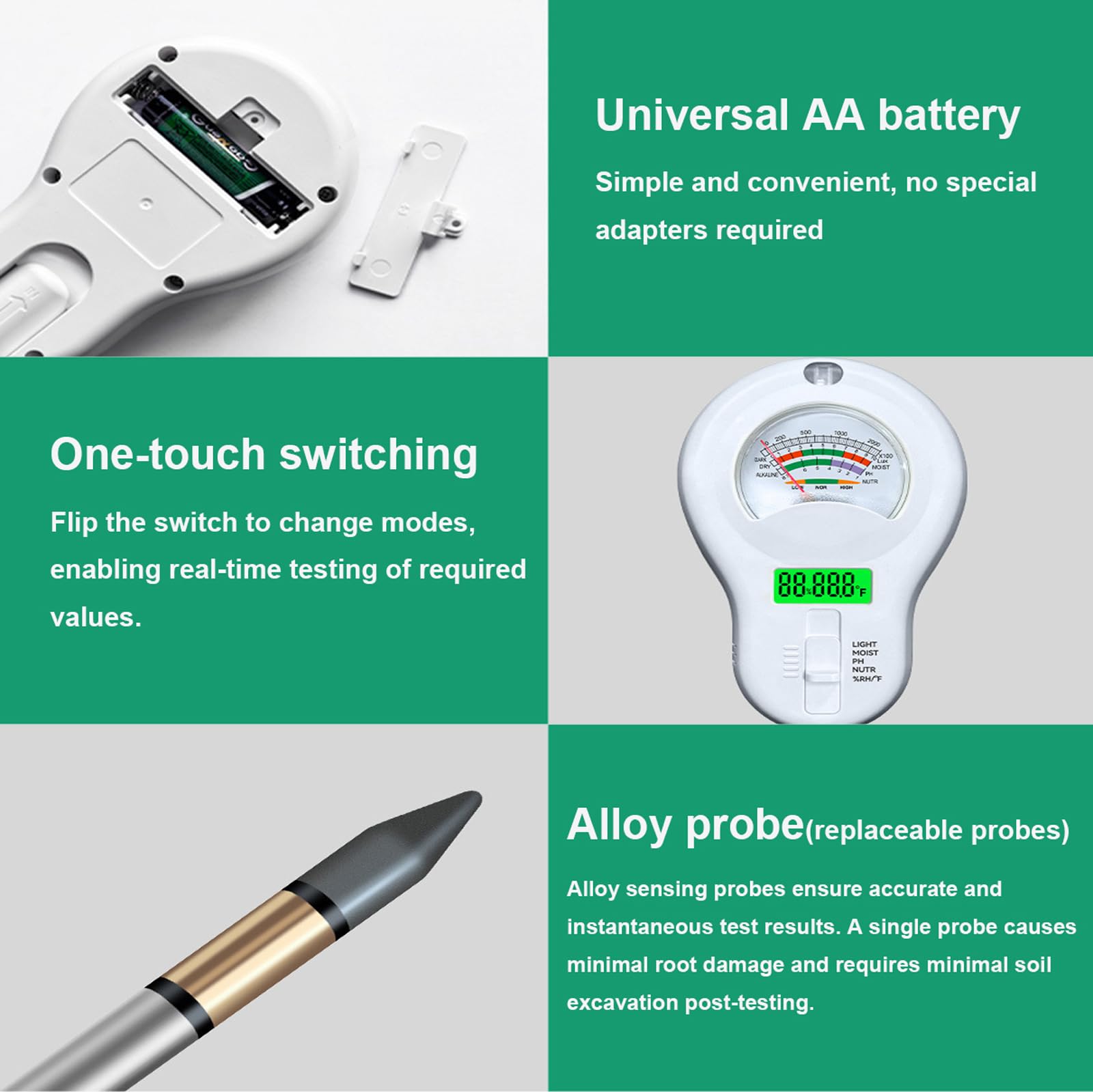Generico 6-in-1 Analizzatore del Terreno, Misuratore di umidità/Misuratore di PH/Fertilità/Intensità della Luce Solare + Display LCD Ruotabile A 90° Igrometro/Termometro per Piante, Giardini