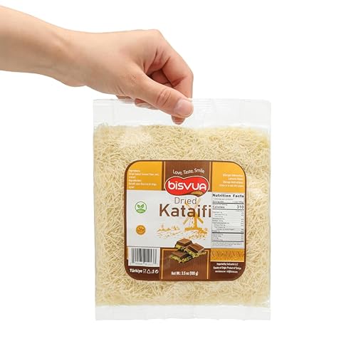BISVUA Kataifi secado prémium de 3.5 onzas (3.53 oz) - Masa crujiente de fillo triturada para kunafa casera, Knafeh con crema de pistacho y barra de