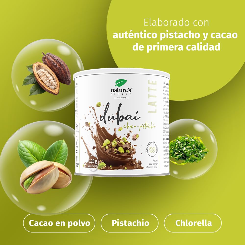 Nature's Finest Dubai Latte Mix con Pistacho, Cacao, Inulina y Clorella, 125 g - Bebida Vegana sin Azúcar Añadido - Apoyo Digestivo y Detox Natural - Bajo en Calorías, Apto para Dietas Keto y Low Carb