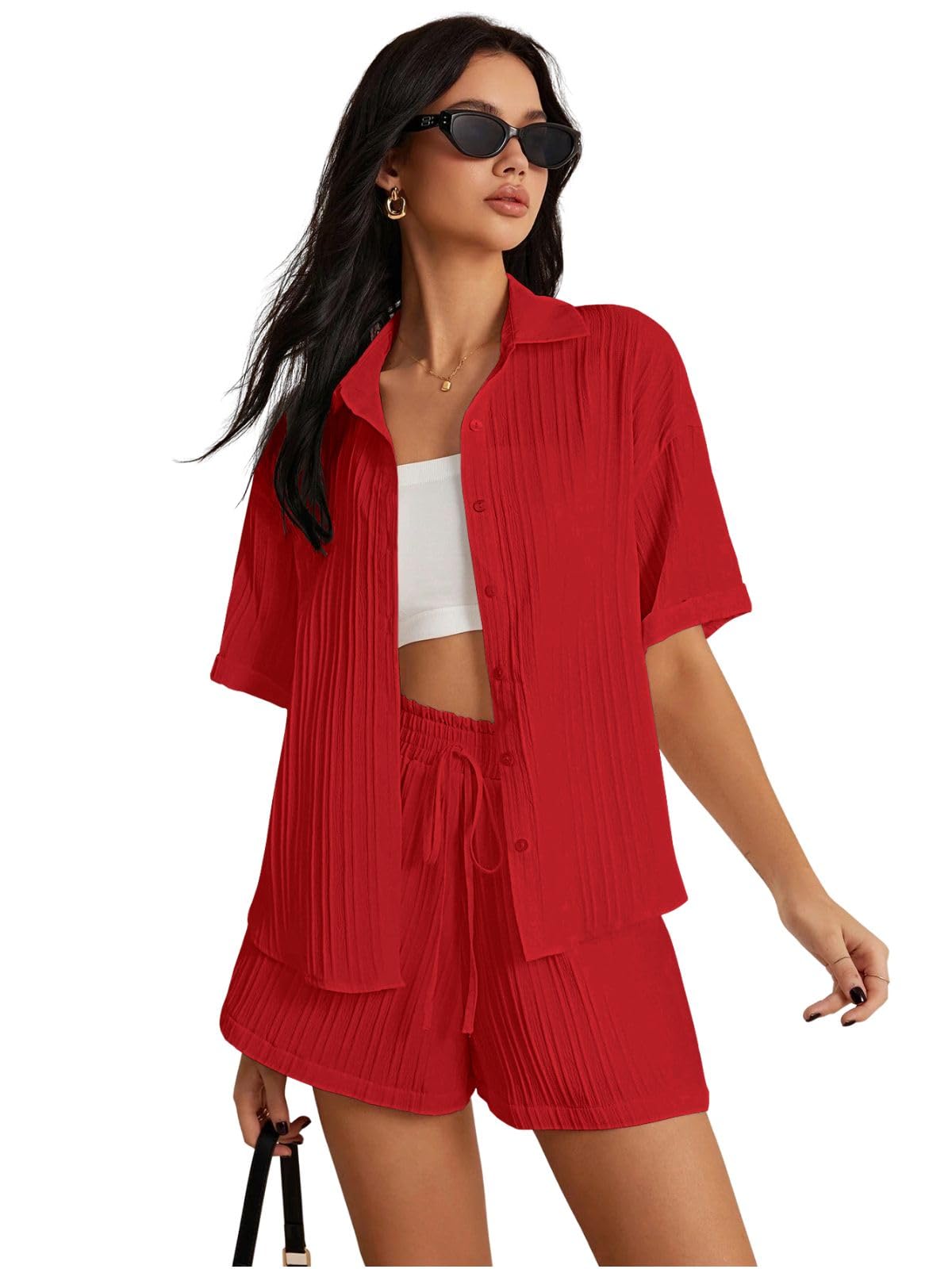 leriya fashion Co-ord Set for Women Stylish Solid Poly Lycra Cotton | Textured Pyjama Set For Woman Travel Beach & Holiday Look | Oversized Loose Fit Trendy Top & Shorts for Summer Day Vacation-picture-48