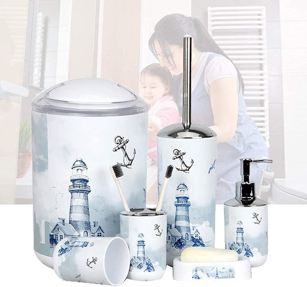 6 Piece Plastic Bathroom Accessory Set Luxury Lighthouse Bath Accessories Bath Set Lotion Bottles,Toothbrush Holder,Tooth Mug,Soap Dish,Toilet Brush,Rubbish for Modern Design