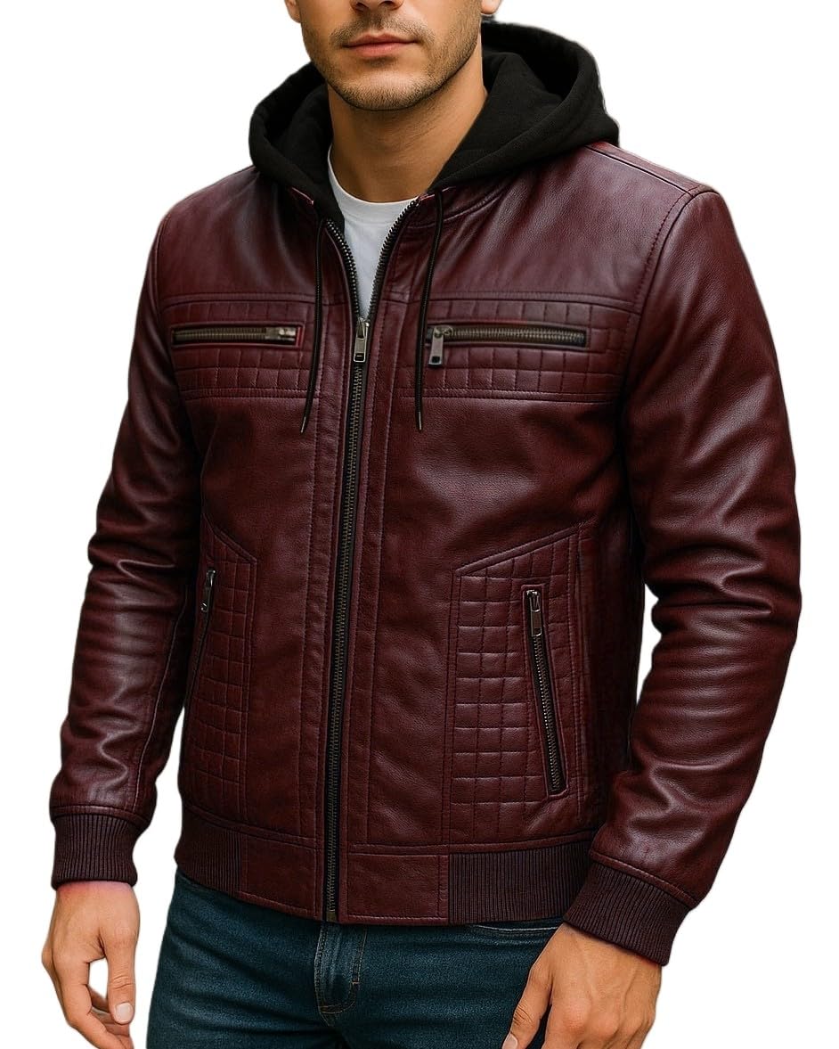 pomo-z Men's Faux Leather Jacket, Brown, Hooded, Quilted Design, Multiple Zipper Pockets-picture-25