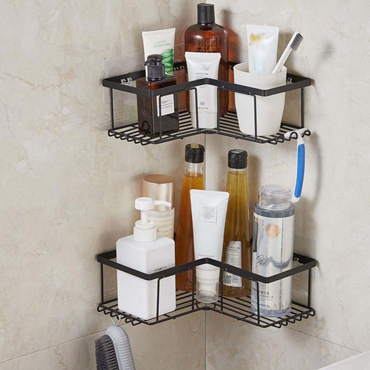TEHAUX 2 Organizadores de Ducha en Acero al Carbono Negro, Estantes de Esquina sin Taladro Adhesivo Fuerte para Baño y Cocina, Diseño en Forma de L