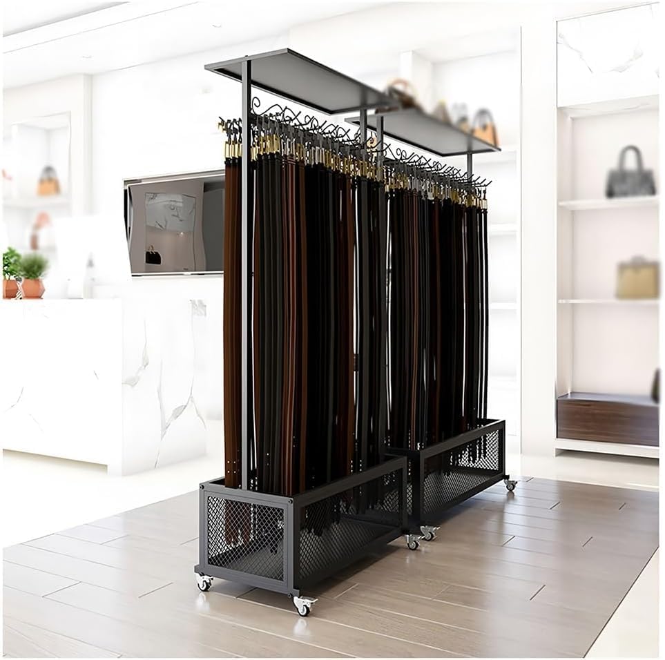 Modern Commercial Metal Shelves, Belt Hangers Retail Rack with Hooks, Purse Handbag Scarf Accessory Storage Organizer, for Stores/Stationery/Clothing Shops(Black,70x35x156 cm)