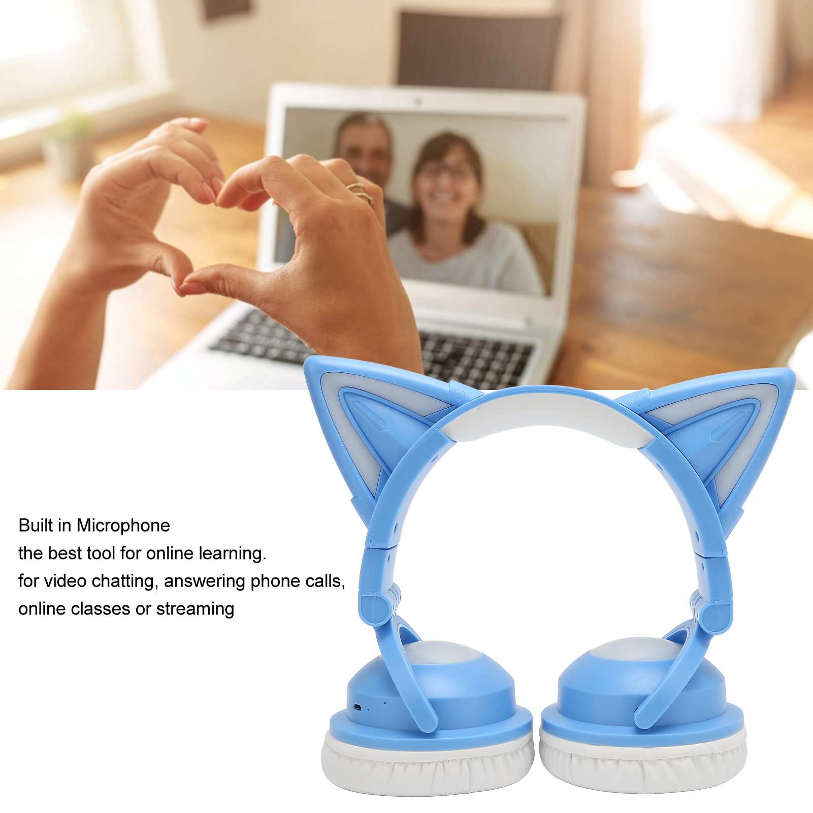 Cuffie Cat Ear, Bluetooth 5.0 Suono Stereo Cuffie da Gioco con Luce LED RGB con Microfono Integrato e Archetto Regolabile per Laptop, Cellulare, Giochi (BLUE)