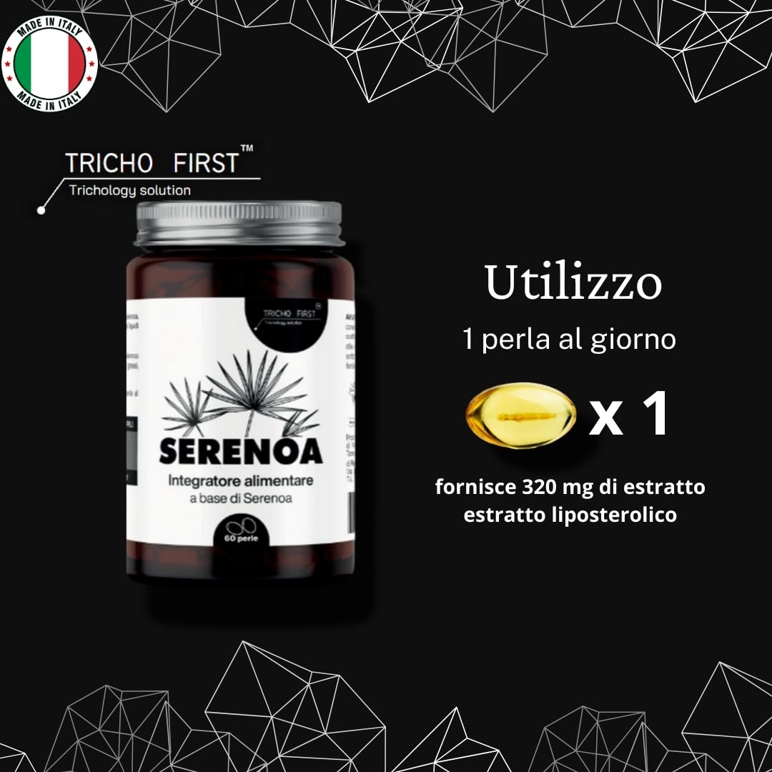 Serenoa Repens Massima Dose 320 mg TRICHO FIRST- 90-95%, Integratore contro l'Ingrossamento della Prostata e la Caduta dei Capelli, a Base di Serenoa Repens - Formato da 60 Perle - Andi DHT