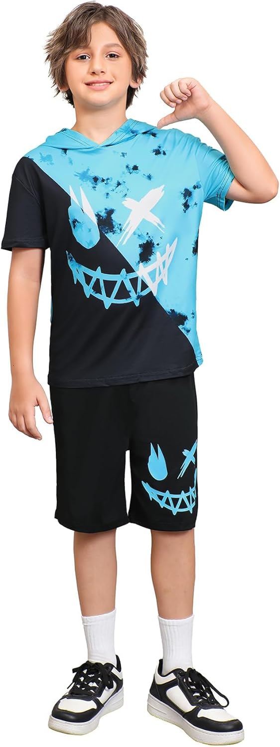WDIRARA Boy's Two Piece Graphic Print Hooded Neck Tops and Track Shorts Clothing Set