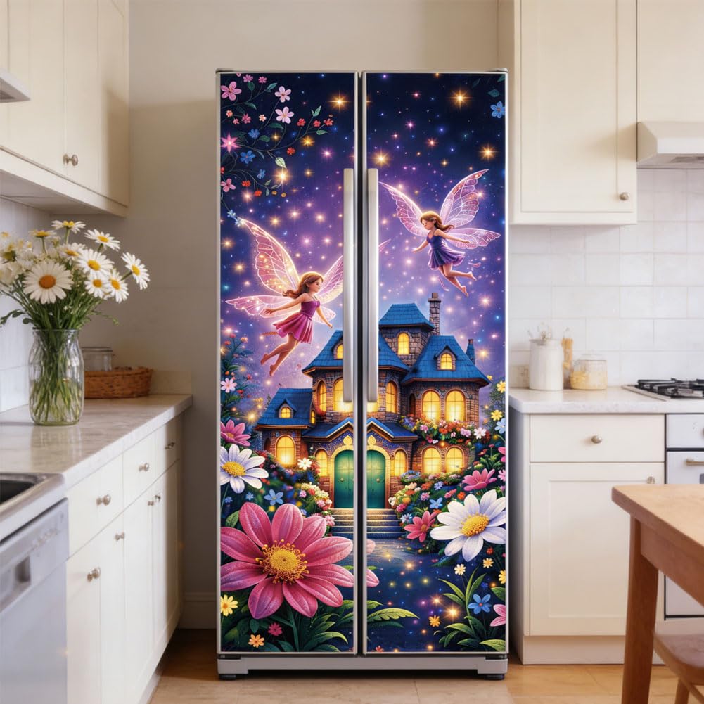 GOMAKERER 2 Pcs Fairy Flower House Removable Refrigerator Wraps, Self-Adhesive Fridge Door Mural Vinyl Freezers Panel Cover Sticker for Kitchen Bar Decor, 41.5x200cm