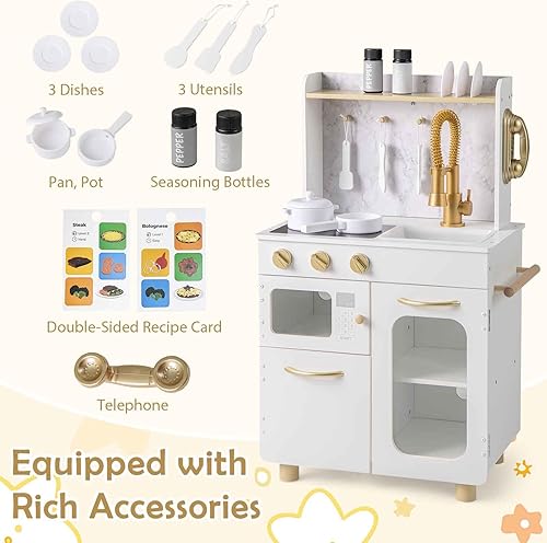 Miniatura 4 de Costzon Juego de cocina para niños, cocina de juego de simulación con grifo extraíble, fregadero, estufas, teléfono, microondas, horno, escurridor