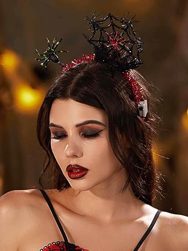 Miniatura 6 de Hermoli Diadema para disfraz de mujer, para Halloween, banda para el pelo iluminada, telarañas, telaraña, rojo con cambio de color, tocado del Día