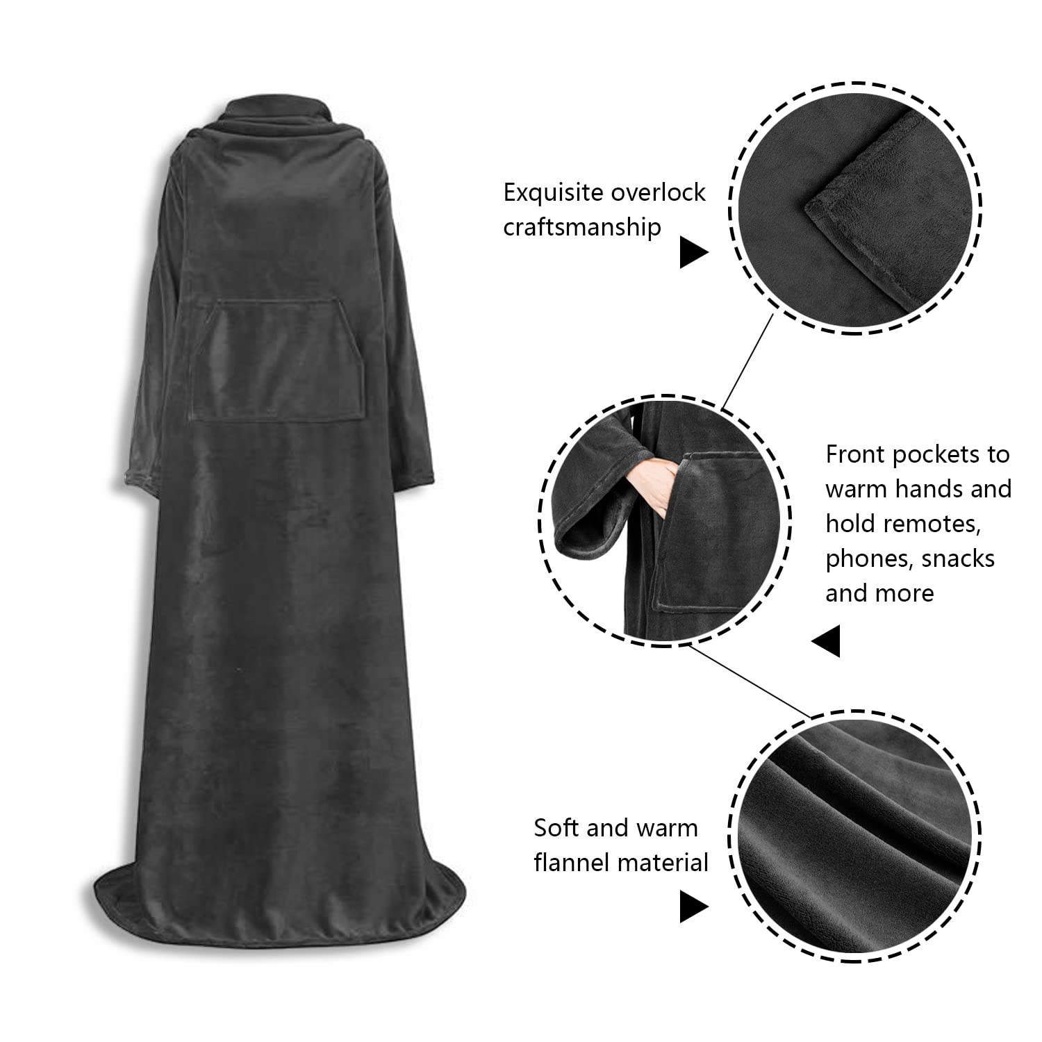Catalonia Draagbare knuffeldeken met mouwen, tv-deken, full-body deken met mouwen en zakken, superzachte flanel microvezelfleece, cadeau voor volwassenen vrouwen en mannen, 170 x 200 cm