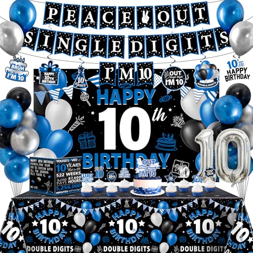 10th Birthday Decorations for Boys 38Pcs 10 Birthday Boy Decorations Peace Out Single Digits Banner Backdrop Happy 10th Birthday Tablecloth 10 Year Birthday Balloons Hanging Swirls Cake Toppers