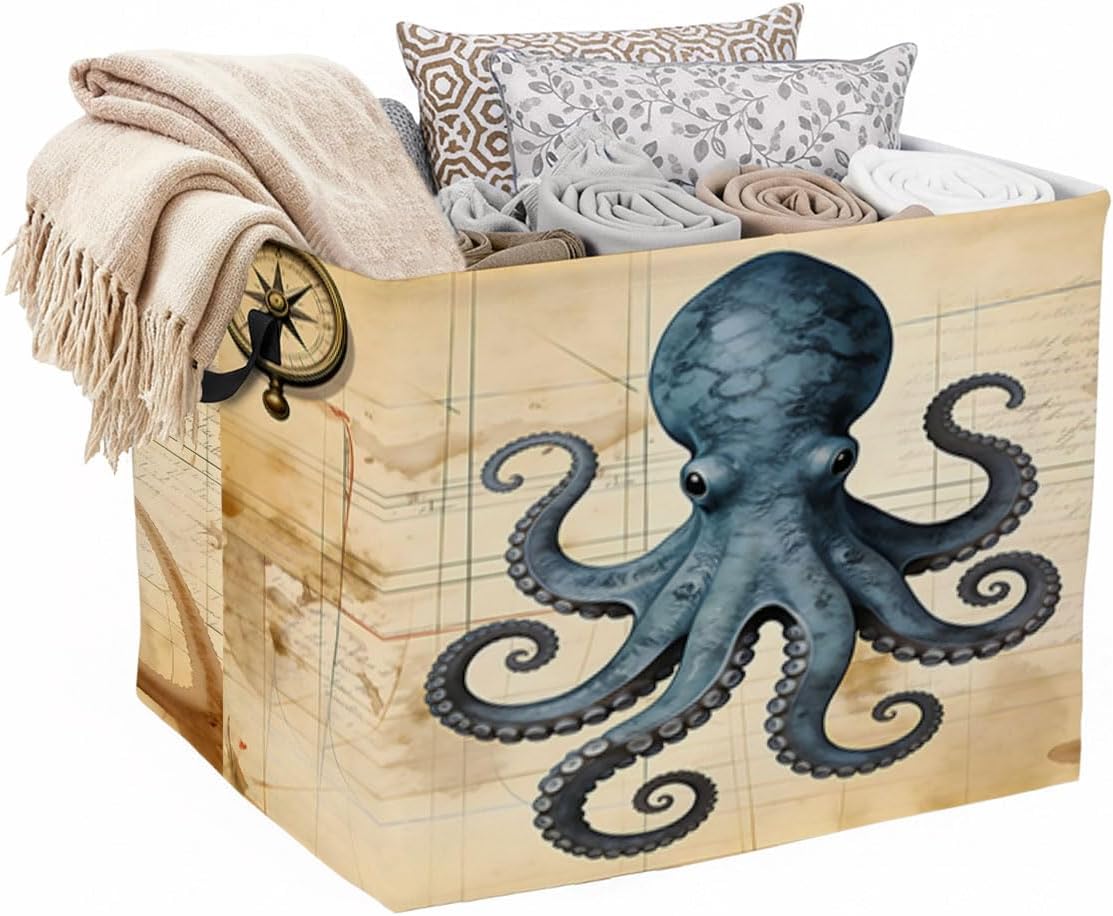 56L Rectangular Storage Bin,Laundry Basket Clothes Hamper with Handles,Foldable Blanket Storage Cotton Linen Laundry Hamper with Waterproof PE, Nautical-themed Home Decor.
