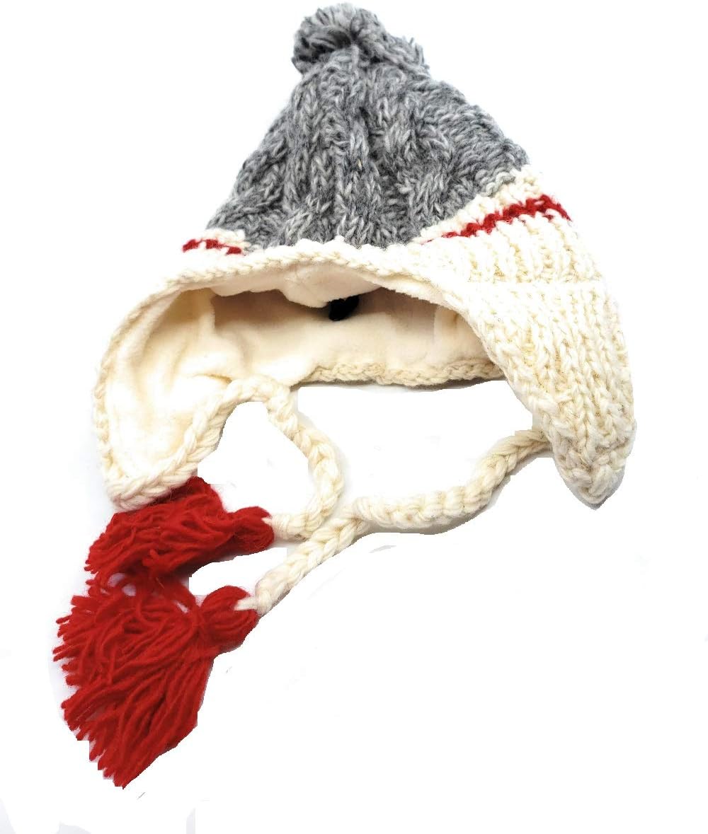 Hand Knit Wool Ear Flap Hat with Pompom + matching Fleece Lined Mittens Made in Nepal (Grey with Red Stripe)