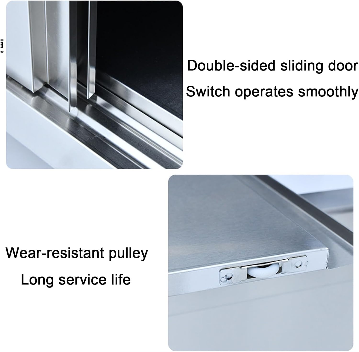 Stainless Steel Workbench Adjustable Legs Commercial Work Table Dual-Track Sliding Doors Three-Sided Splash Guard Rounded Corners Double-Tier Shelving Water Proof Suitable for Kitchen Use