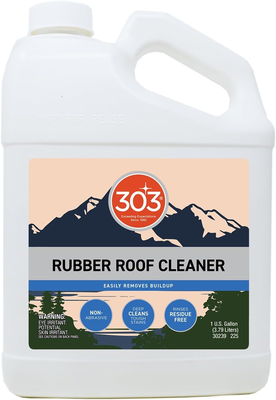 303 Products Rubber Roof Cleaner - Removes Build Up On The Rubber Roofs of RVs, Campers, Pop-Ups, and Motorhomes, Will Not Harm Solar Panels, 1 Gallon (30239)