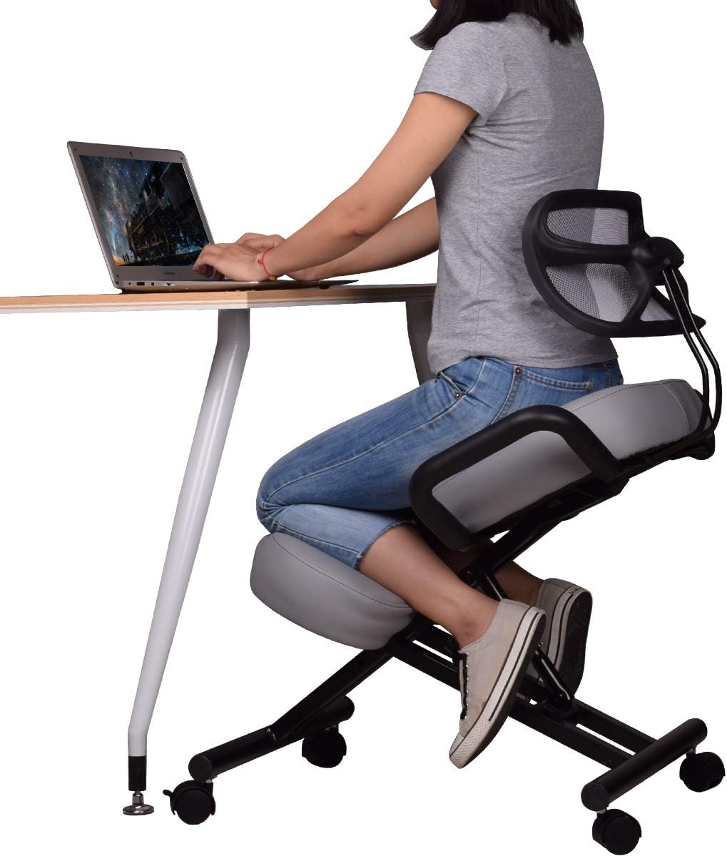 DRAGONN Ergonomic Kneeling Chair with Back Support, Adjustable Stool for Home and Office - Improve Your Posture with an Angled Seat - Thick Comfortable Cushions - Gray
