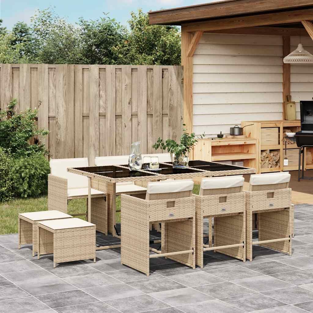 Ensemble de Jardin 11 Pièces avec Coussins, Table et Chaises en Poly Rotin Beige, Mobilier Extérieur pour Terrasse Jardin, Confortable et Facile à Ranger
