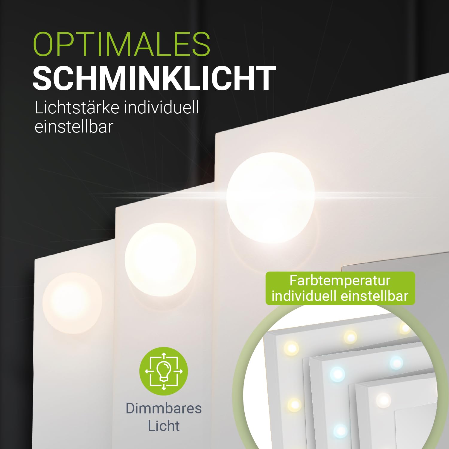 Juskys Toeletta Lilia con specchio LED, 7 cassetti, 3 livelli di luce, molto spazio, design moderno, compatta e facile da pulire per il trucco – Bianco