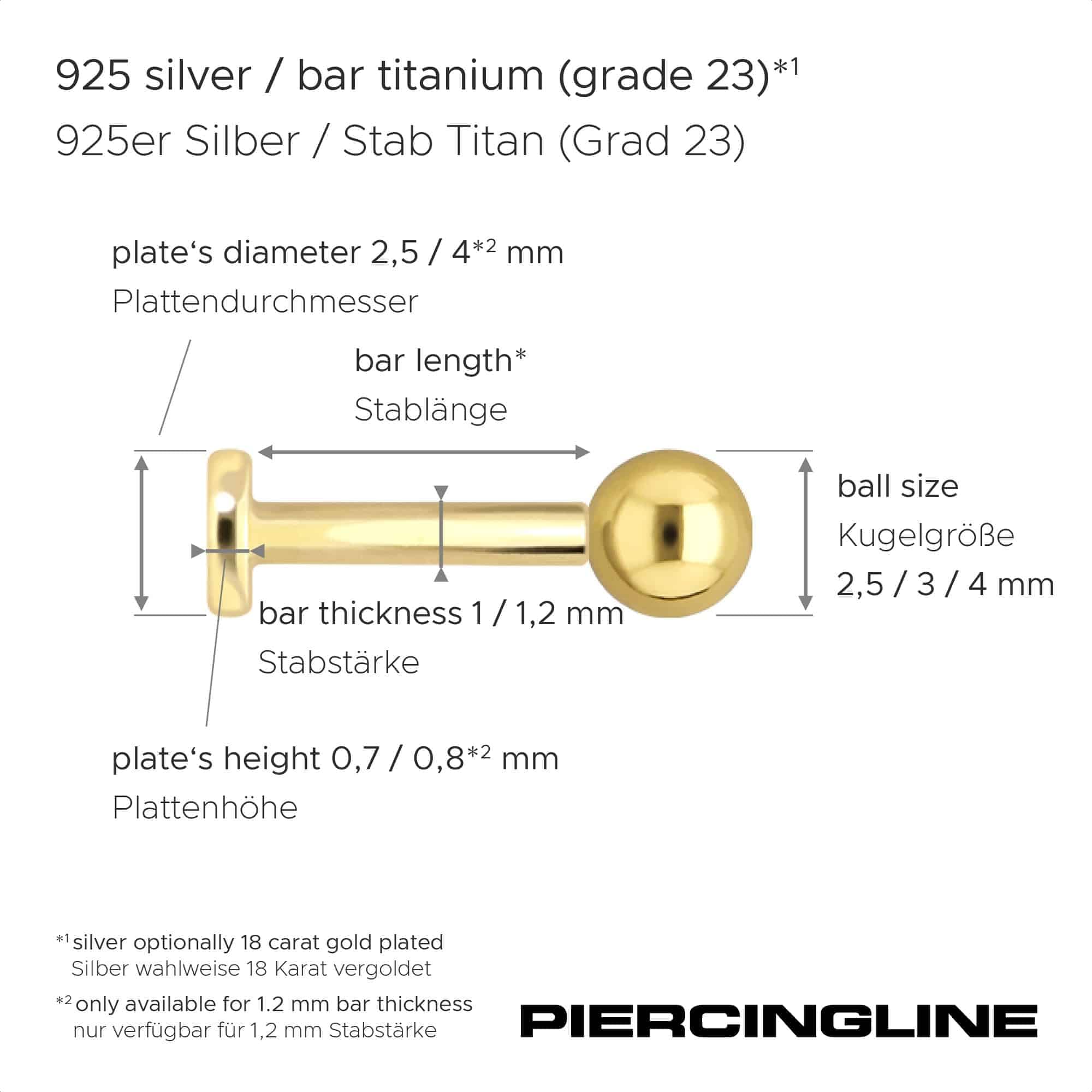 PIERCINGLINE Piercing Stecker Titan Labret mit Innengewinde + 925er Silber Aufsatz KUGEL - Goldfarben, Silberfarben