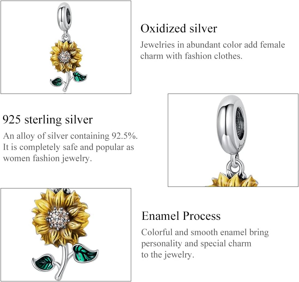 Shysnow Sunflower Charms Bracelets 925 Sterling Silver Flower Pendant Charms Gold Plated Cubic Zirconia Charm Bead Fit Bracelet Necklace Bangle - Image 5