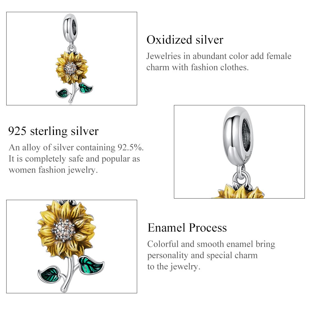 Qings Ciondolo Girasole Charms Argento Sterling 925 Sunflower Fiore Oro Ciondoli con Zirconi Cubici Compatibile con Braccialetti e Collane