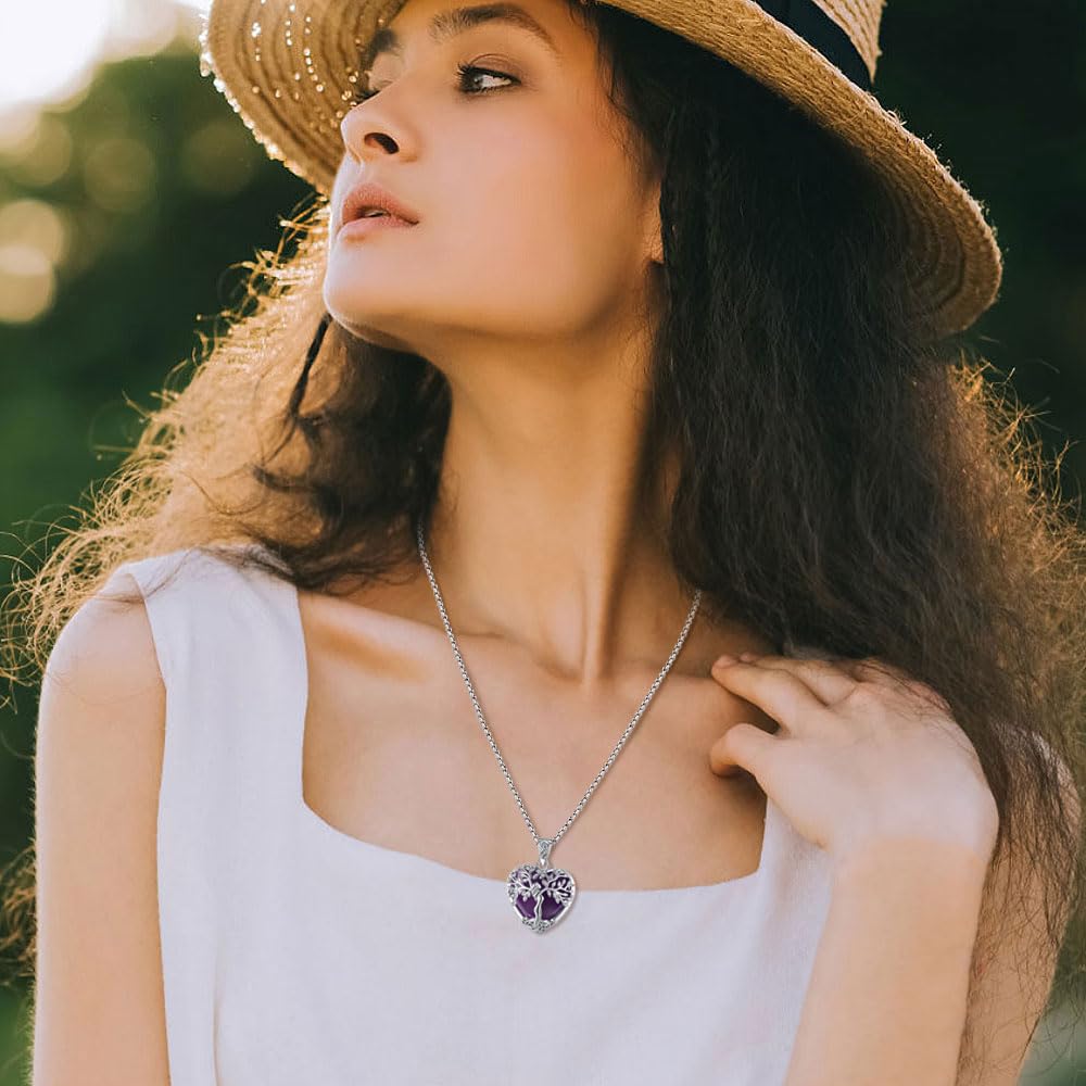 Lebensbaum Kette mit Kristall für Damen, Baum des Lebens Halskette Anhänger mit Kristall Heilsteine Amethyst Mondstein Obsidian Türkis Malachit Schmuck Geschenk für Frauen Dame