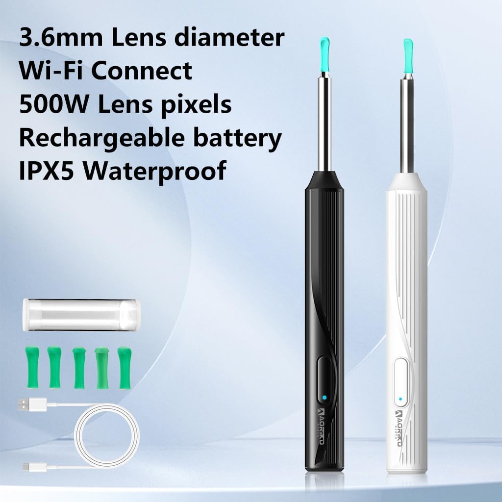 Aoriko Ear Wax Removal Tool,Ear Cleaner with Camera,Earwax Removal Kit with Light,Wireless Ear Scope for iOS&Android,Insects & Plant Microscopes,Visual Earwax Removal Kits (White)