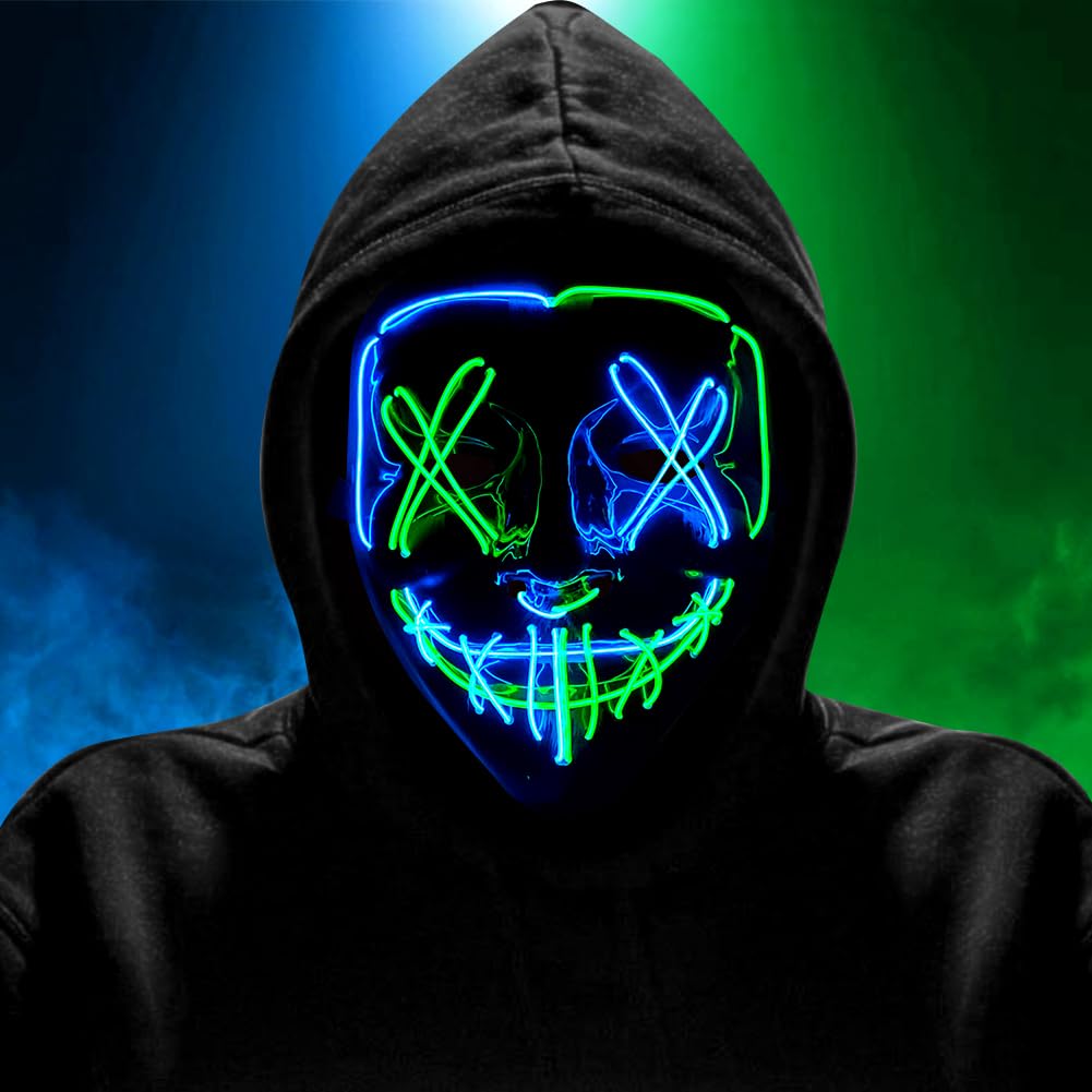 HATFRYF Halloween Masks LED Mask in Multiple Light Modes, Light up Scary Mask, Glowing Horror Smile Masks, Costumes for Men Adults, Anonymous Neon Halloween Gifts - ice blue green