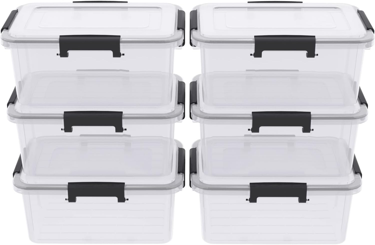 Set of 6 WeatherPro 12 Quart Plastic Latching Box with Gasket Seal Lid, Clear Stackable Storage Container Tote Bin