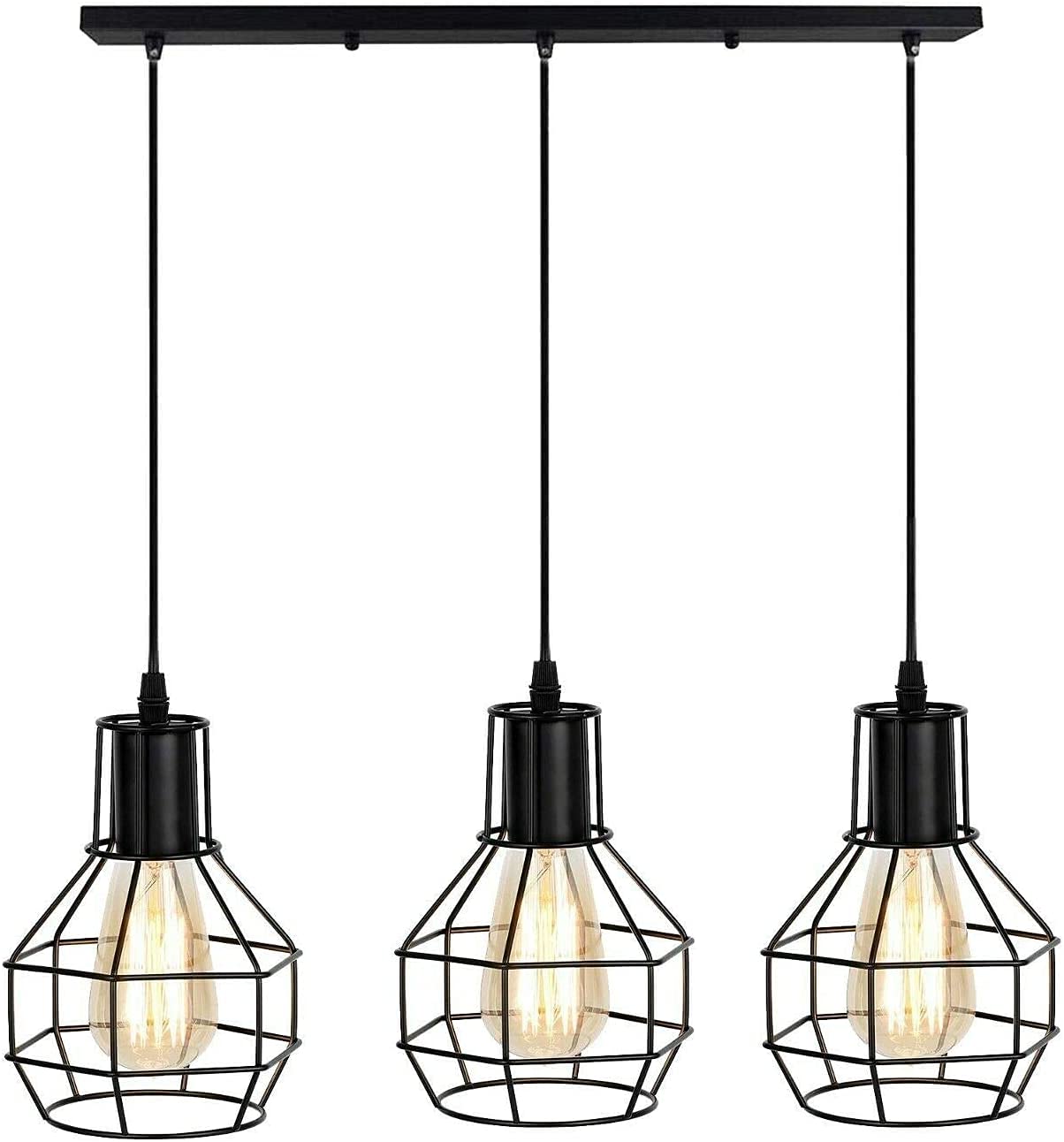 DC VOLTAGE 3 Light Industrial Ceiling Pendant Light, Black Geometric Cage Bar Fitting, E27 90cm Adjustable Hanging Lamp, 50cm Vintage Chandelier for Kitchen Island Dining Room