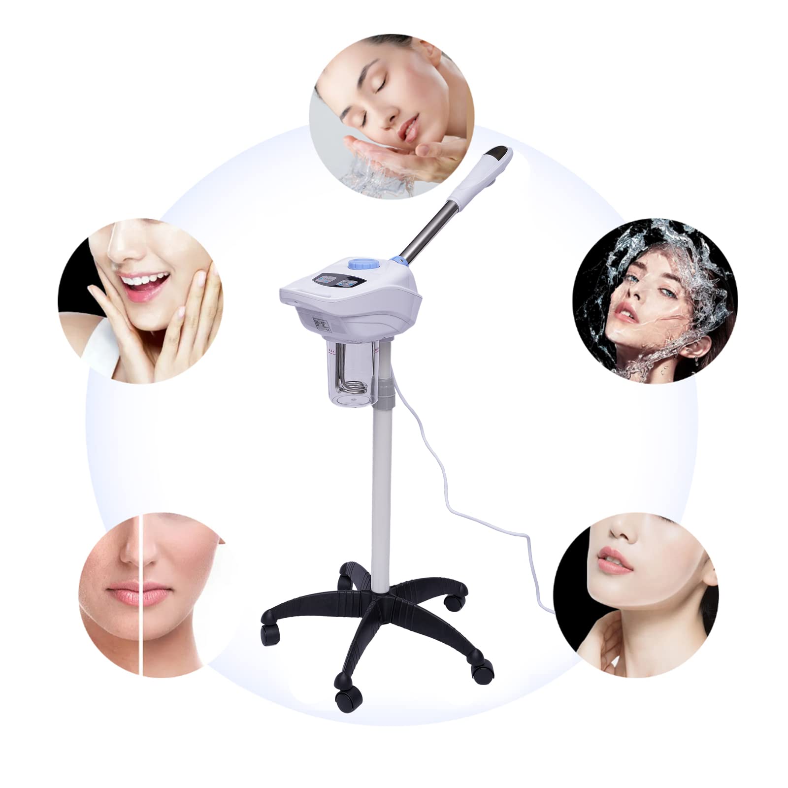Gesichtsdampfer auf Rädern Digital Bedampfer Gesichtssauna Verdampfe 360 ° Drehbare DüSe für Haushalte Schönheitssalons Spas Weiß