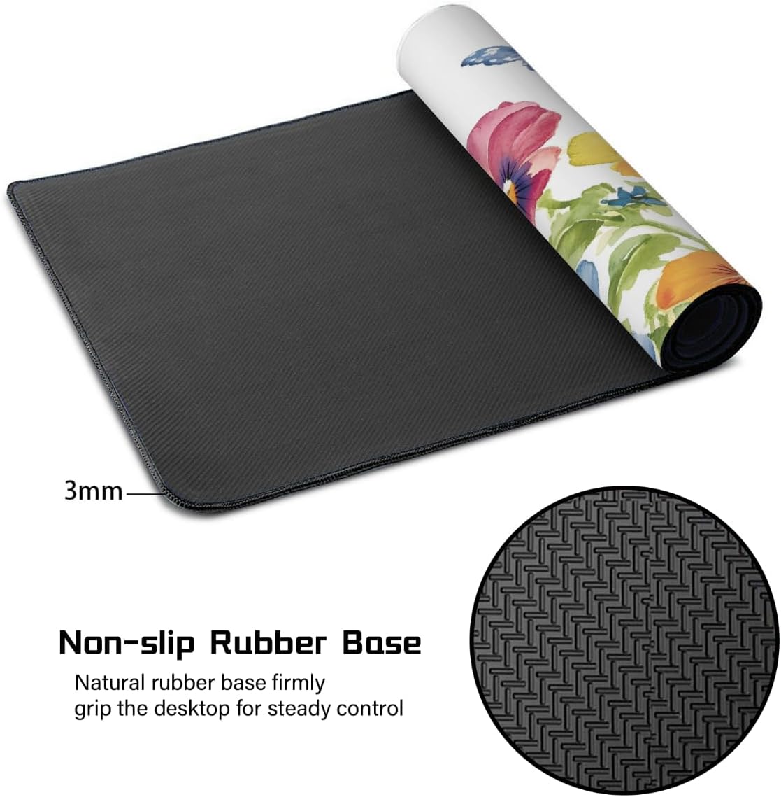 Large Colorful Flower Watercolor Mouse Mat Computer Mousepad with Non-Slip Rubber Base Waterproof Mouse Pad Desktop Keyboard Pad for Gamer,Home School Laptop Office Accessories,16x35.5in