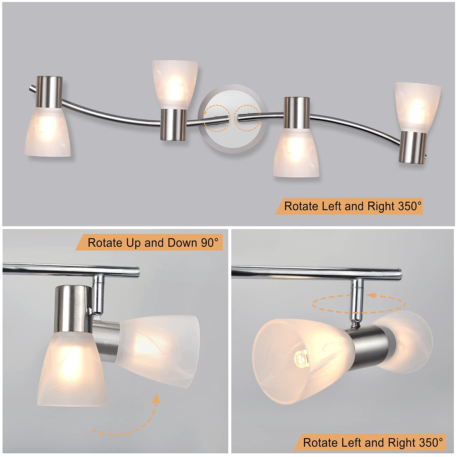 Plafoniera LED 4 Faretti Orientabili, Faretti da Soffitto con Paralume in Vetro, Lampada da Soffitto con 4 Lampadine E14 4W 400LM Bianco Caldo, Luminario Plafoniera per Soggiorno, Sala, Cucina